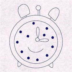 Redwork alarm clock with blue outline, smiley face, pointed ears, and dots for hour markers.