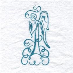 Redwork angel outlined with flowing lines and swirls in light blue, against textured white fabric, perfect for holidays.