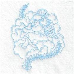 Redwork angel in light blue plays a trumpet amidst fluffy clouds and delicate foliage accents.