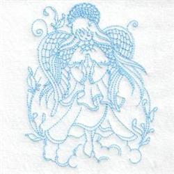Redwork angel in soft blue tones, with flowing hair and intricate wings, in a prayerful pose.