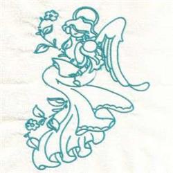 Redwork angel holding a flower, featuring flowing lines and intricate dress details in soft blue.