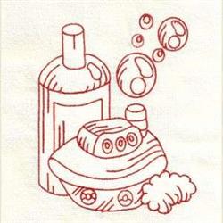 Redwork bathtub surrounded by playful bubbles and a bottle, featuring simple line art in red.