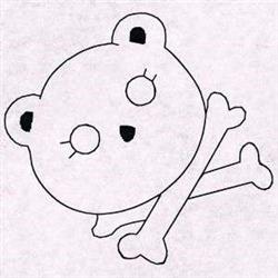 Redwork bear with oversized eyes and cheerful expression, paired with crossed bones below on a light background.