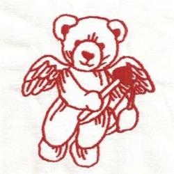 Redwork bear with angel wings joyfully holding a cupid's bow in vibrant red thread, perfect for Valentine's Day.