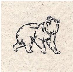 Redwork bear in line art, dynamic walking pose with head raised, set against a neutral background.