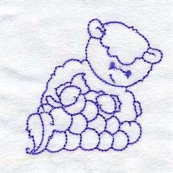 Redwork bear playfully sitting among grapes, outlined in simple line art with soft curves.
