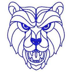 Redwork bear head featuring bold blue outline, fierce expression, and detailed symmetrical facial features.