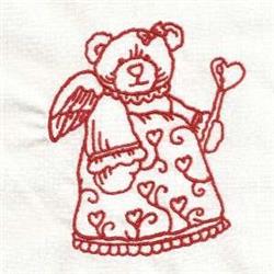 Redwork bear with angel wings, holding a heart amid playful red thread designs for Valentine's Day.