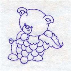 Redwork bear with soft purple outline, playful wings, and round shapes on a light background, ideal for children.