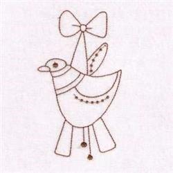 Redwork bird with a whimsical bow on its head, featuring clean lines and playful details.