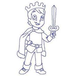 Redwork boy in a crown and cape holding a sword, smiling joyfully in a whimsical, cartoonish style.
