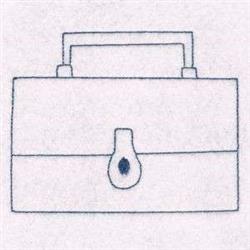Redwork briefcase outline with clean lines, featuring a top handle and central lock in a minimalist style.