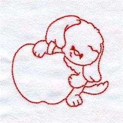 Redwork bunny with rounded features resting against a large egg, crafted in charming red thread for Easter.