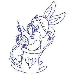 Redwork bunny with long ears in a rocking chair, holding a needle and thread. Charming design for Easter.