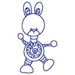 Redwork bunny with a round head and body, cheerful pose, bold blue outline, perfect for playful designs.