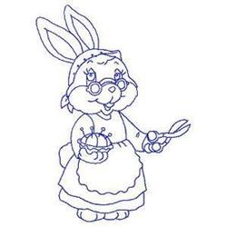 Redwork bunny in a dress with glasses, holding scissors and a pin cushion, exuding playful charm for Easter.