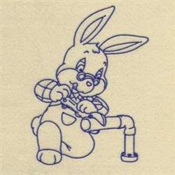 Redwork bunny rabbit in blue line art, playfully working with a plumbing tool and pipe.