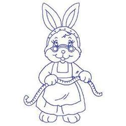 Redwork bunny with large ears, wearing an apron and holding a ribbon, in a whimsical spring design.