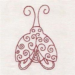 Redwork butterfly with swirling lines, prominent antennas, and rich red color on a soft white background.