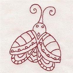 Redwork butterfly design featuring geometric patterns and swirls in simple line art on light fabric.