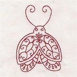 Redwork butterfly featuring delicate curly antennae and ornate wings with intricate line work in soft red.