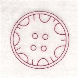 Redwork button with a whimsical design featuring a smooth circular shape, four evenly spaced holes, and raised edges on light