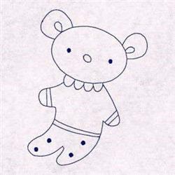 Redwork cartoon bear with rounded ears, playful smile, and a ruffled collar shirt, outlined in blue.