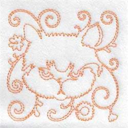Redwork cat face featuring playful swirling patterns in light orange on a white background.