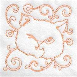 Redwork cat face outlined in light orange with decorative swirls, showcasing playful minimalist design.
