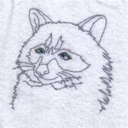 Redwork cat face with striking blue eyes, detailed facial features, and flowing line art on a white background.