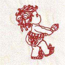 Redwork design of a chubby child with a cheerful expression, dressed in stripes and posed playfully.