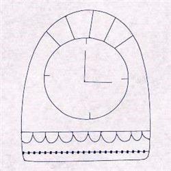 Redwork clock with round face in arch frame, adorned with ray-like accents and a scalloped border.