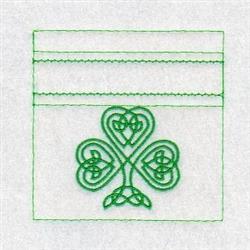 Redwork clover design featuring intertwined shapes in vibrant green thread on a light gray textured background, ideal for St.
