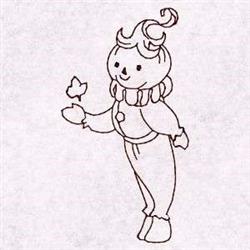 Redwork clown with curly hair and ruffled collar holds a small leaf, cheerful autumn design.