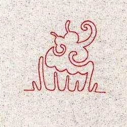 Redwork cupcake with playful swirls in red thread on textured light fabric background.