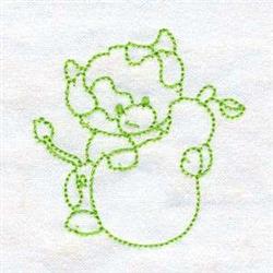 Redwork cute cartoon cow with a light green outline, against an egg shape and small leaves, perfect for Easter.