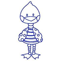 Redwork duck outlined in blue with a polka-dotted coat and horizontal stripes, showcasing playful charm.