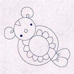 Redwork fish character with playful features, round body, and floral elements in simple line art style.