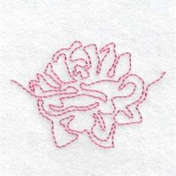 Redwork flower with intricate petals outlined in soft pink thread on a crisp white background.