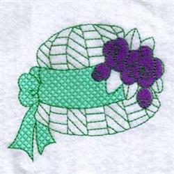 Redwork hat adorned with purple flowers and a vibrant green ribbon, featuring a stylish woven texture for spring.