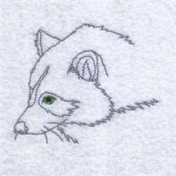 Redwork fox head with simple outlines, striking green eye, and textured white background.