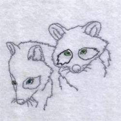 Redwork design of two stylized foxes in line art with delicate eye accents. One fox has blue, the other green.
