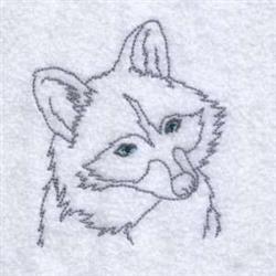 Redwork fox portrait with minimalist line art, soft accents on eyes, and a light textured background.