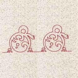 Redwork frogs outlined in vibrant red with playful poses and swirling patterns on a beige background.