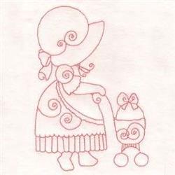 Redwork girl in a swirling dress joyfully pulls a cart with a large Easter egg, featuring a soft pink outline.