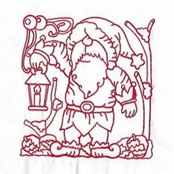 Redwork gnome holding a lantern, surrounded by pumpkins and foliage, featuring simple lines for autumn decor.