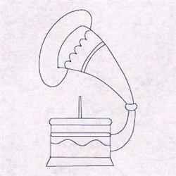 Redwork gramophone design featuring a bell-shaped speaker and minimalistic base, showcasing vintage elegance.
