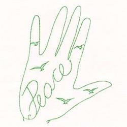 Redwork hand outline in green thread with birds and the word 'Peace' in a minimalistic design.