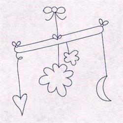 Redwork hanging mobile features a heart, flower, and crescent moon, all suspended from a bow-adorned bar in simple line art.