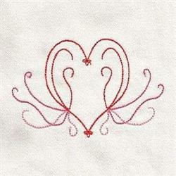 Redwork heart shape with intertwining red and pink swirls, floral accents, elegant for Valentine's Day.